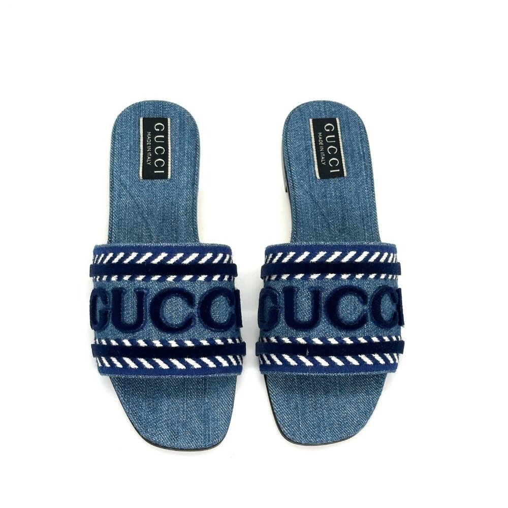 Gucci Jane Denim Logo Embroidered Flat Slide Sandals Shoes Blue - Picture 9 of 16
